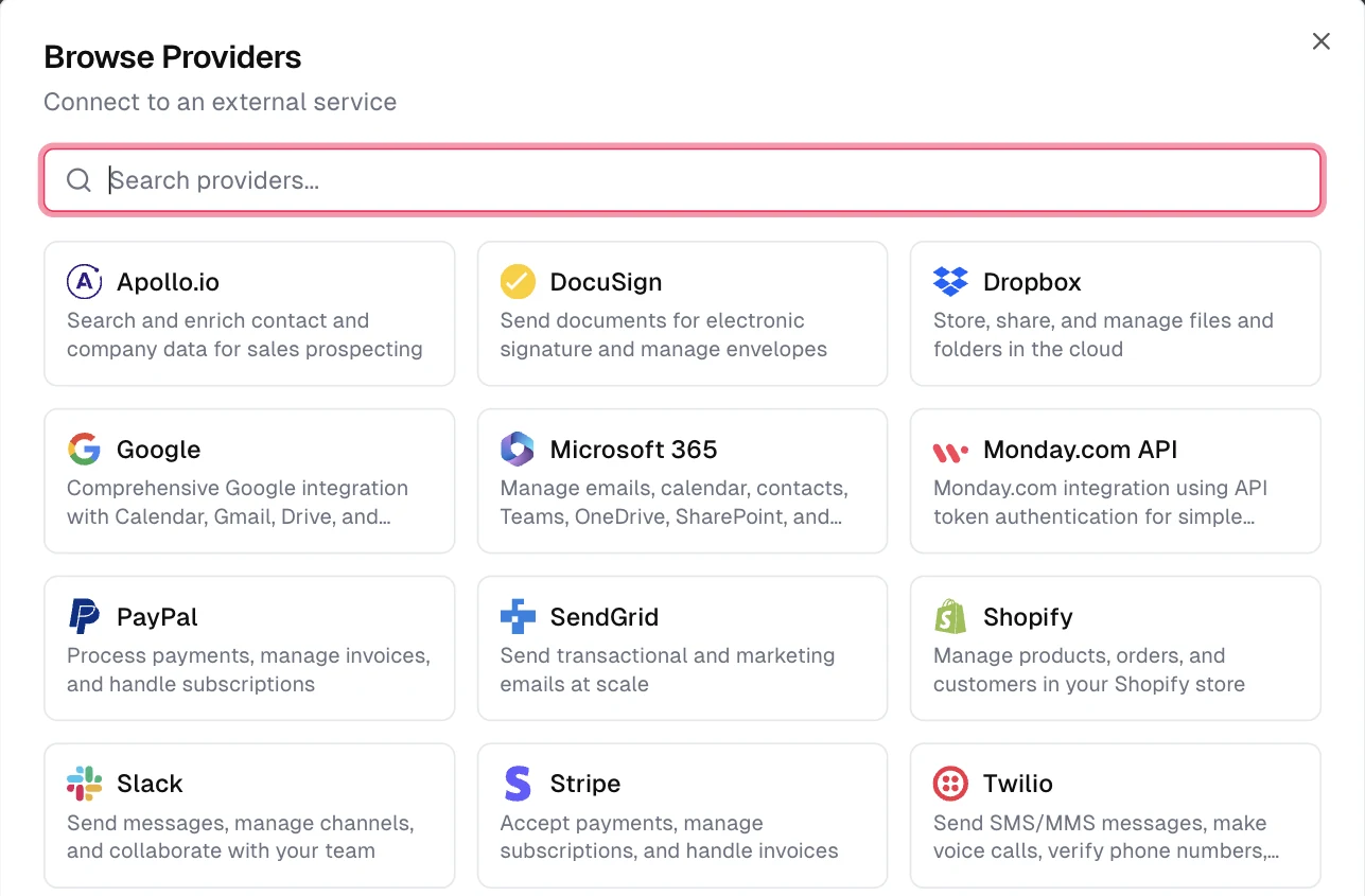 Bondi's Browse Providers dialog listing built-in providers including Apollo.io, DocuSign, Dropbox, Google, Microsoft 365, monday.com, PayPal, SendGrid, Shopify, Slack, Stripe and Twilio.