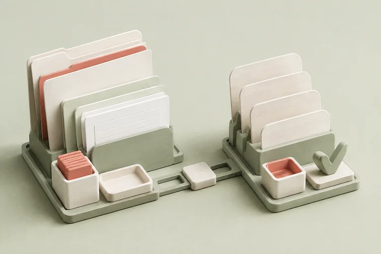 An illustration of two modular systems connected by a shared foundation.