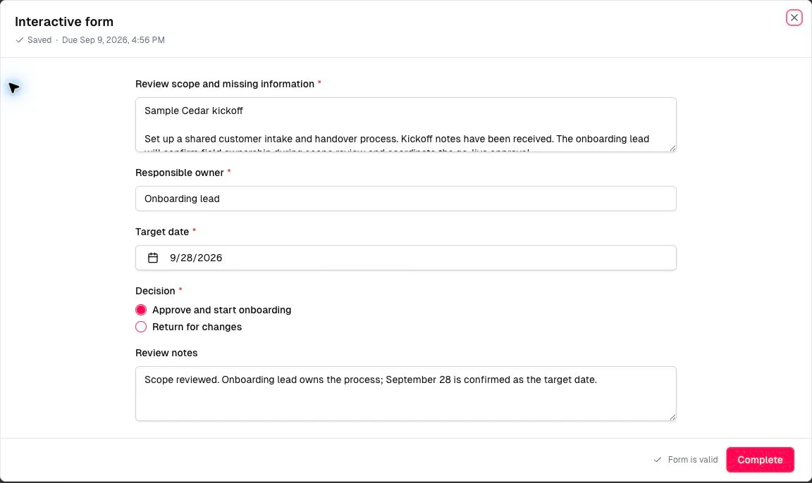A readiness review with an editable summary, an owner, a target date and an approval choice.
