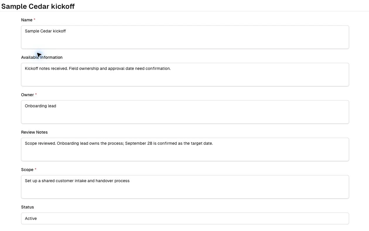 An onboarding record showing scope, responsibility, readiness notes and its active status.